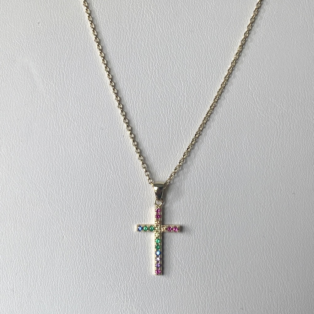 NWT RAINBOW 925 STERLING CZ CROSS NECKLACE GORG